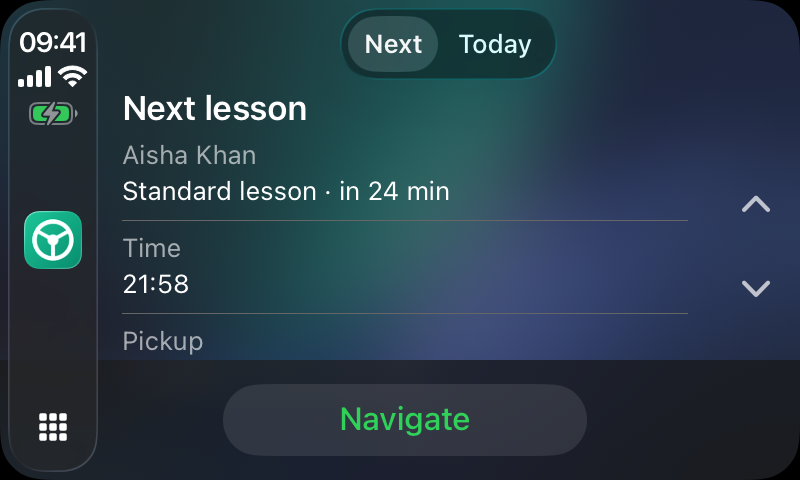 Roadworthy on a CarPlay screen: Next lesson tab showing the pupil's name, lesson type, a live countdown, start time and a Navigate button